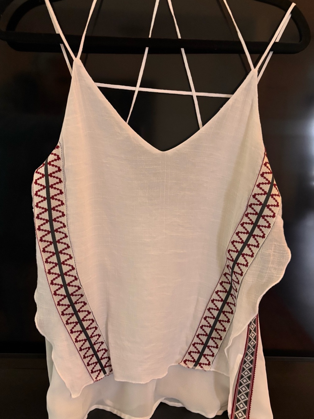 Dex V-Neck Strappy Camisole in White with Burgundy and Grey Embroidered Trim